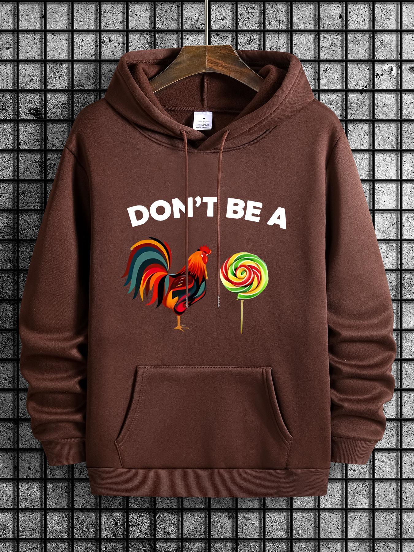 Men's Cartoon Rooster Print Drawstring Pocket Hoodie, Essentials Hoodie, Back To School Outfits, Casual, Regular Fit Fitted Hooded Long Sleeve Pullover, Hoodies for Men, Sweatshirts, Tops, Drippy Outfits, Going Out Outfit, Menswear, Cute Animal Sweatshirt