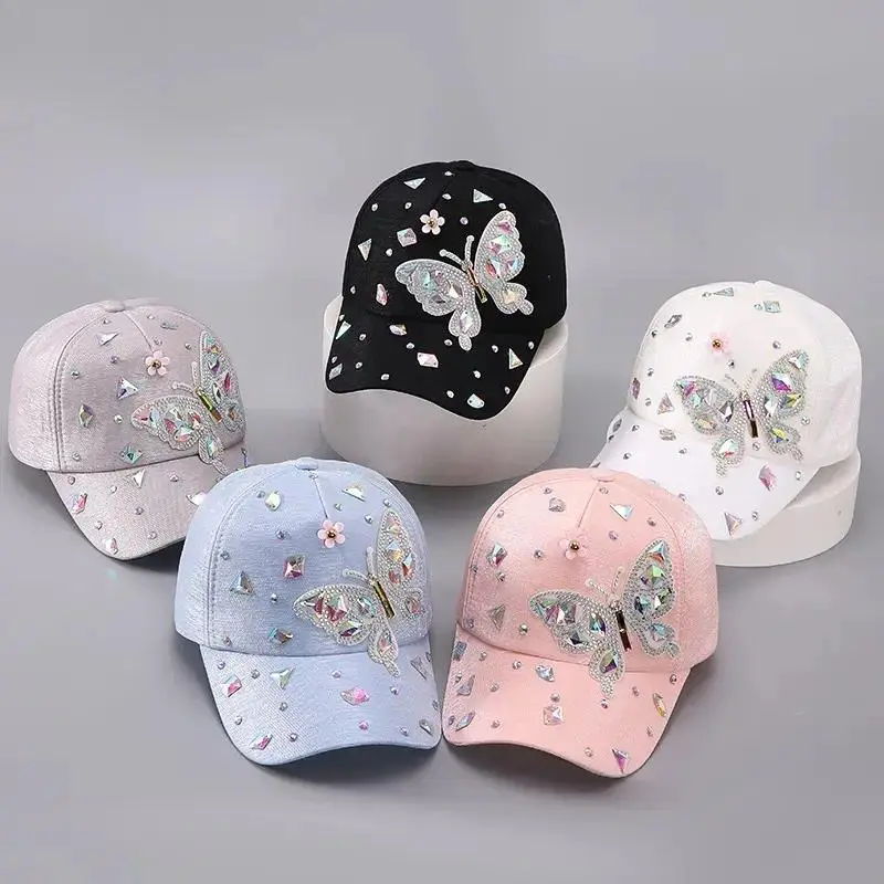 Female Glitter Rhinestone Butterfly Bling Baseball Cap, Adjustable Sun Hat Denim Trucker Headwear for Daily Use Travel, Sparkly Crystal Y2K Visor Gorras for Women Girls Theme Party Concert
