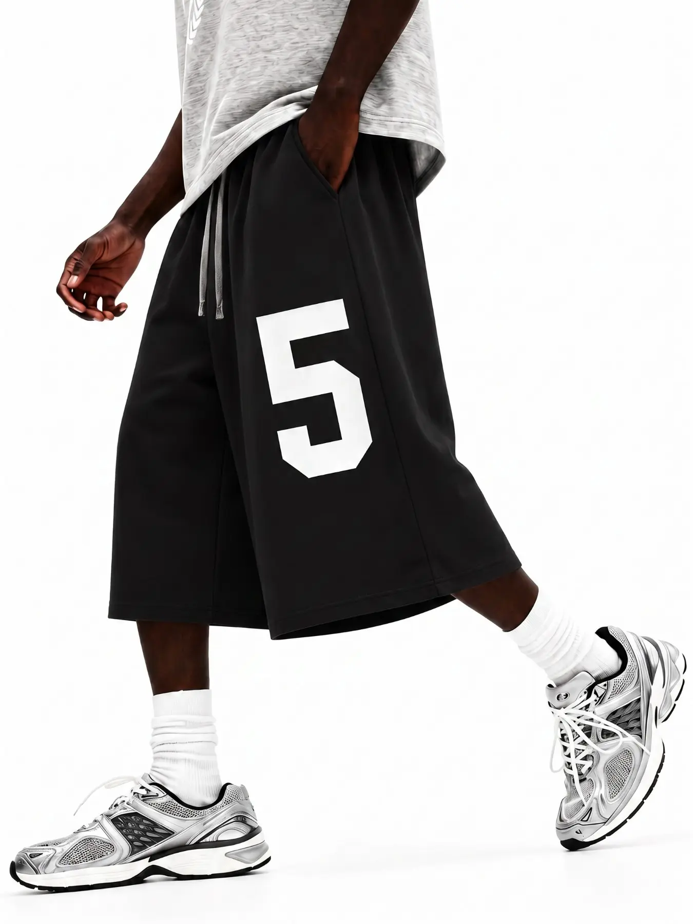 Men's Trendy Athletic Baggy Sweat Shorts, Elastic Waist Knee-Length Shorts With Number "5" Print, Vintage Y2K Casual Streetwear Shorts Perfect For Daily Wear, School Outfits, Sports Events, Vacations, Skateboarding And Loose Urban Styling