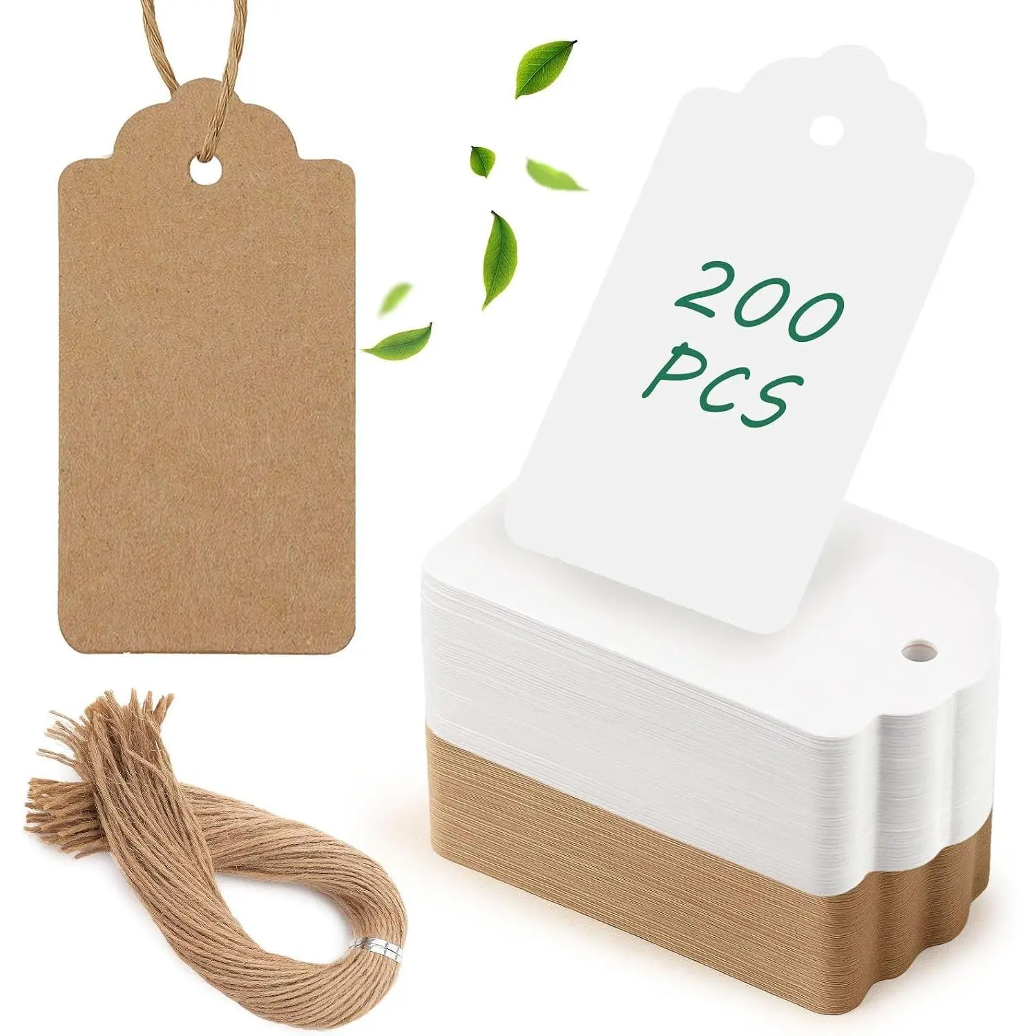 200pcs Gift Tags with String Attached, 2x4 inch Kraft Paper Hang Tags for Clothes DIY Crafts Wedding Holiday (Brown White)