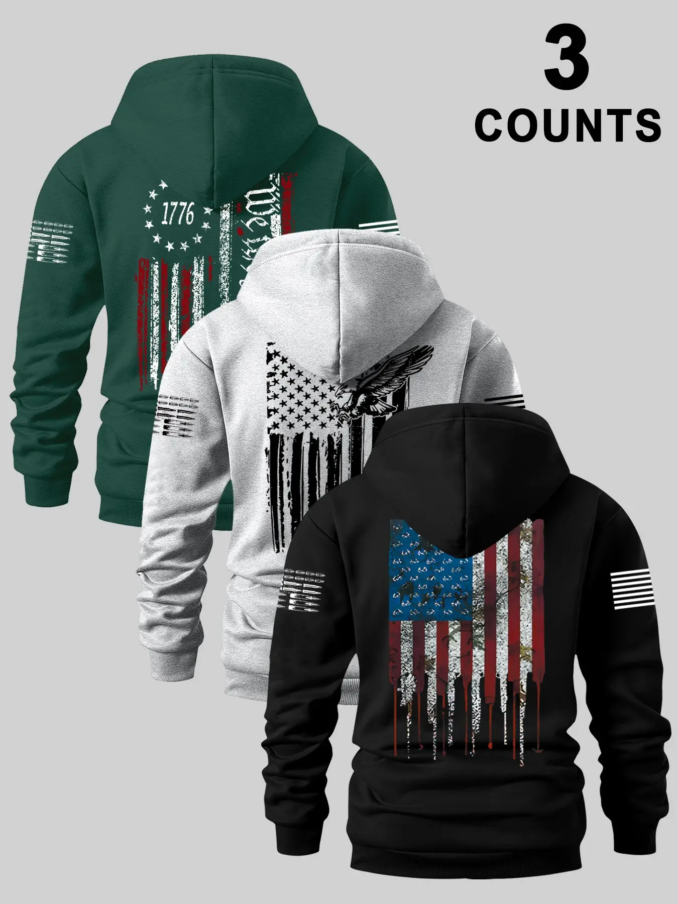 3-Pack Men's Fall Winter Hooded Drawstring Sweatshirts, Camo American Flag Design, Vintage Streetwear Style, Casual Daily Wear, Outdoor Activities