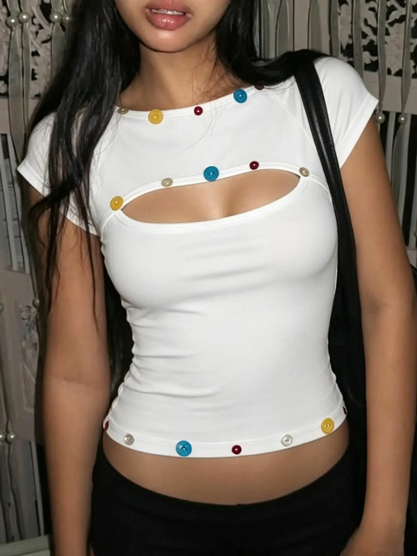 Summer American Style Casual Chic Colorful Button Cutout Short Sleeve T-Shirt for Women, Slim Fit Short Top, Trendy Sexy Statement Design, Unique Fashion Shirt, Casual Wear Clothing