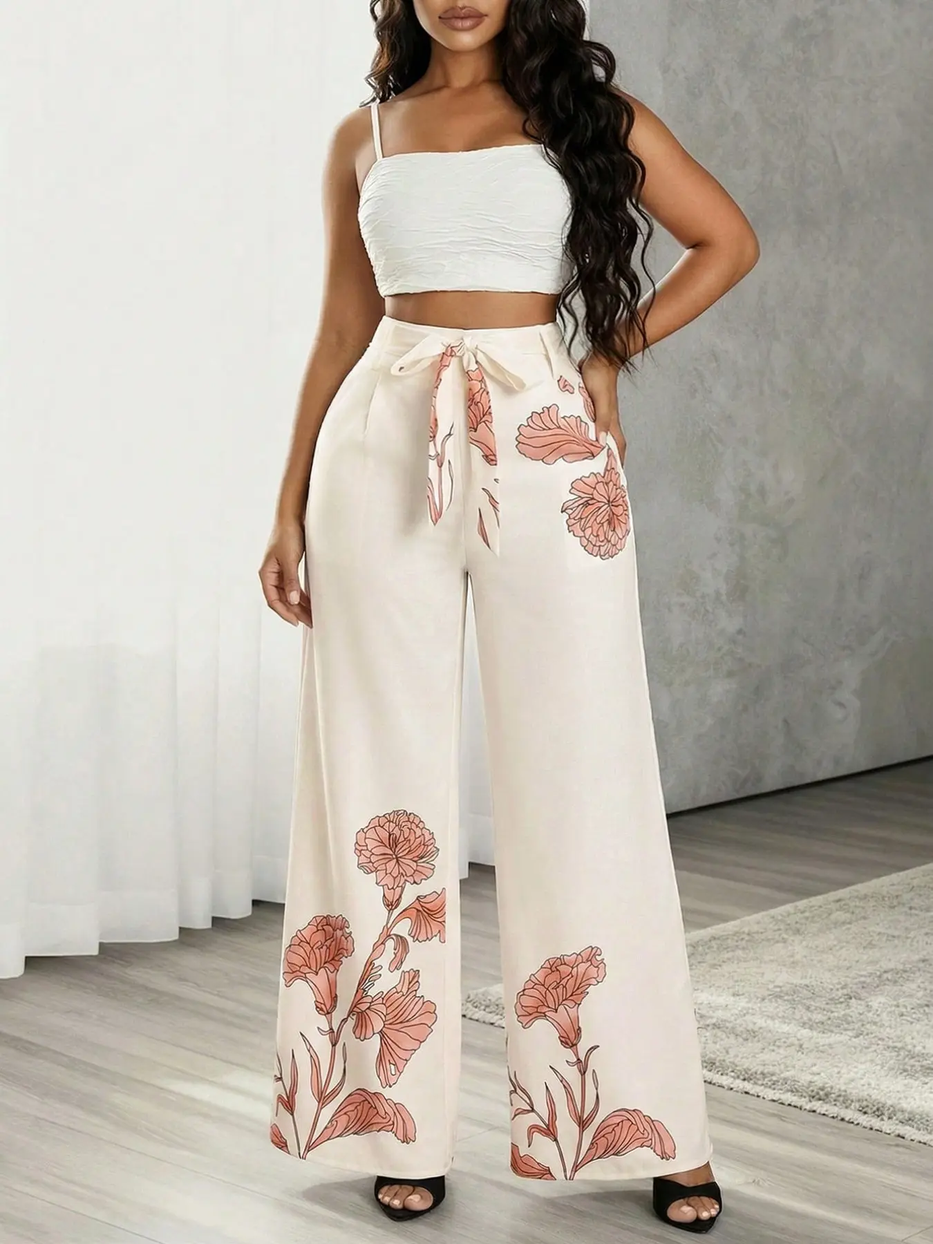 Women's Floral Print Wide Leg Pants, High Waist Butterfly Knot Tie, Loose Fit Casual Long Pants, Aesthetic Vacation Style, All Seasons