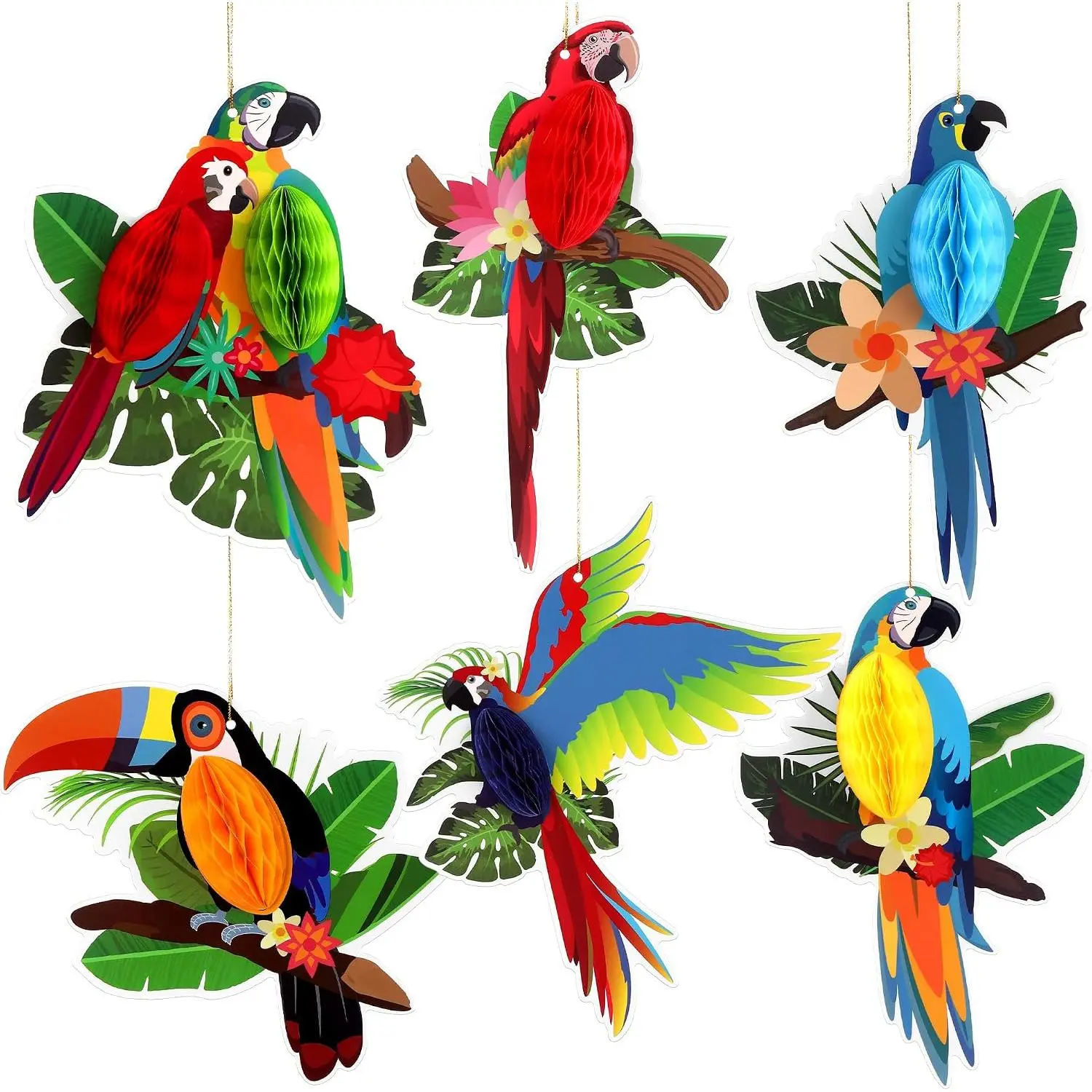 Large Tropical Birds Honeycomb Cutouts - 9x7.7 Inch | Paper Bird Decorations, Luau Party Decorations, Hawaiian Party Decorations, Rainforest Decor, Tiki Party