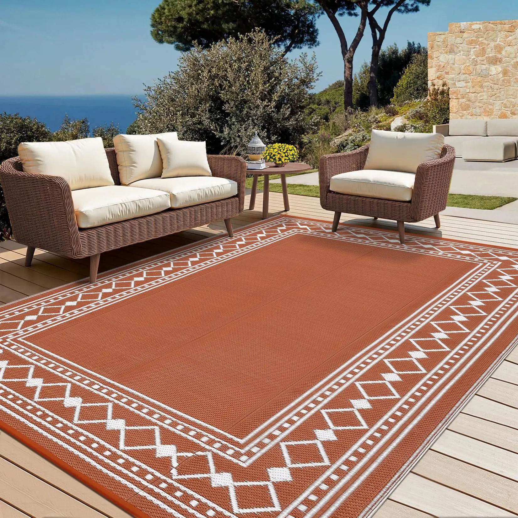 Waterproof Reversible Outdoor Patio Rug – Modern Diamond Bordered Plastic Mat, Collapsible & Portable, Washable, Non-Slip, 8x10/9x12ft, 9*12Ft, Terracotta Orange, 10X20 Ft, 8*10Ft