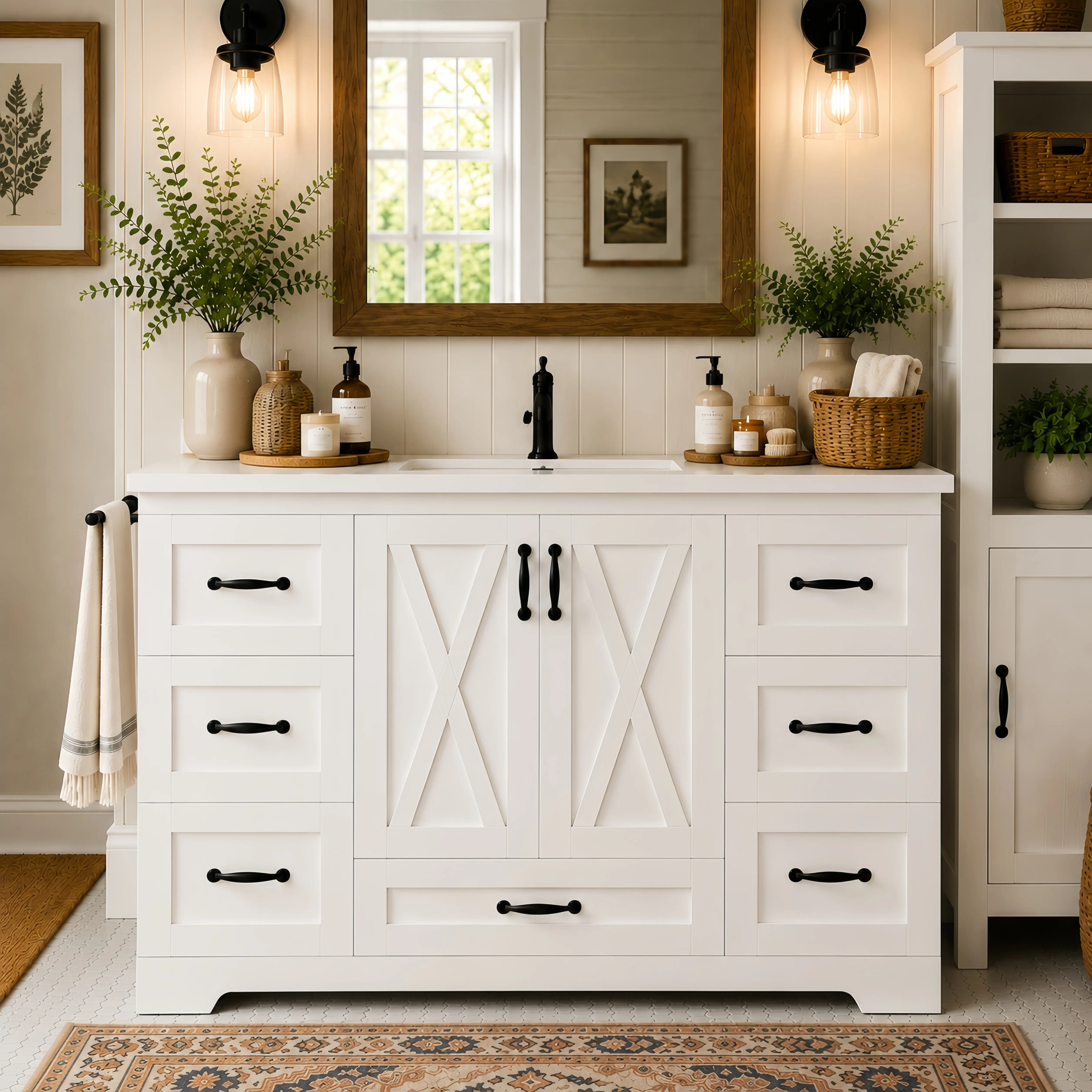 48-Inch White Freestanding Farmhouse Bathroom Vanity with Sink - Single Unit Freestanding Cabinet, Ceramic Top, Backsplash, 7 Drawers, X-Panel Doors, Adjustable Shelves, Door Storage, Side Towel Bar, Modern Indoor Storage Furniture