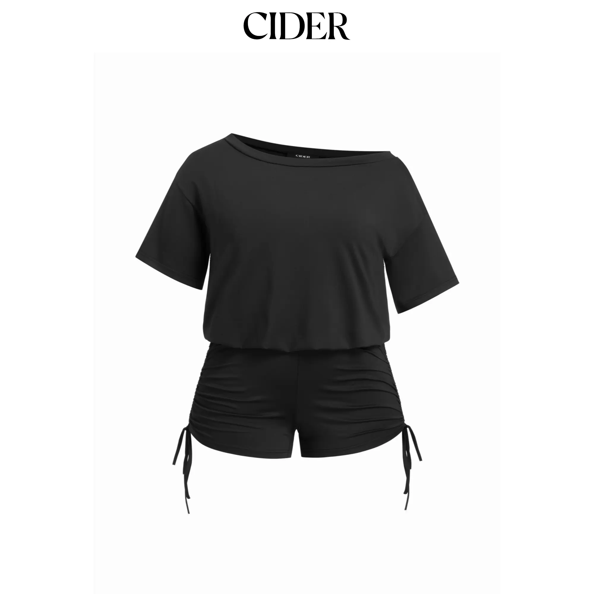 Cider Asymmetrical Neck Drawstring Ruched Romper