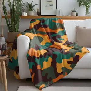 Retro Fall Color Block Orange Yellow & Green Brown Camouflage Flannel Blanket, Seasonal Earth Tone Camo Throw Blanket for Cabin & Outdoor Use