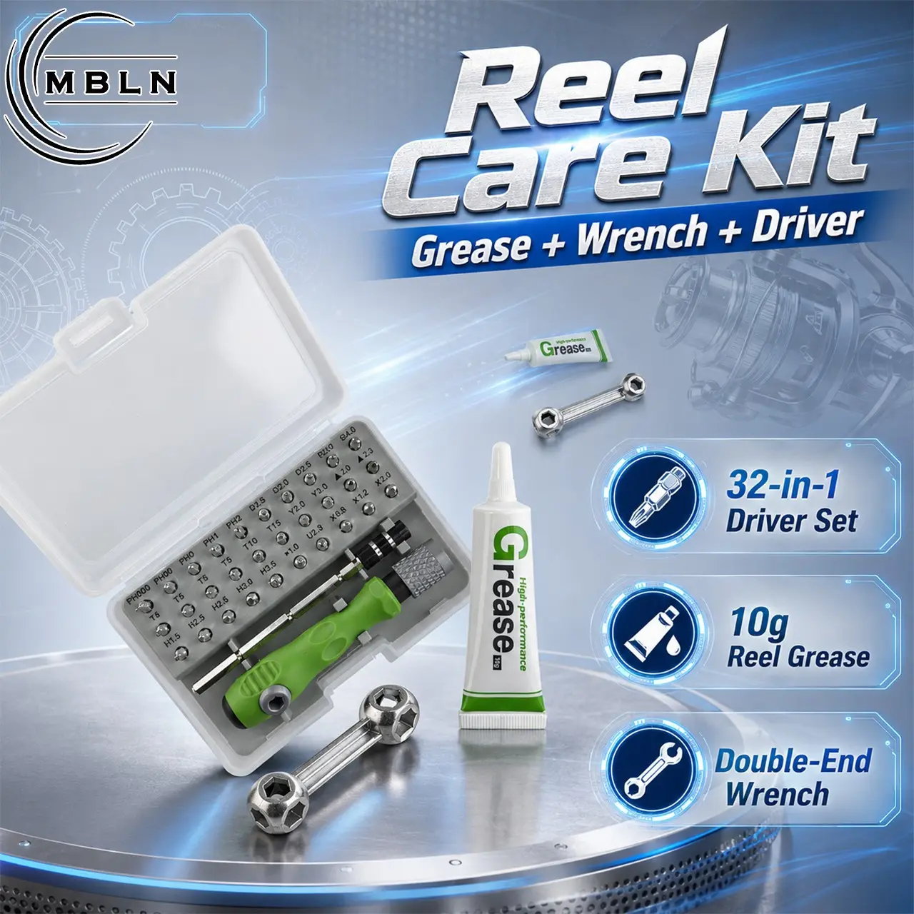 Fishing Reel Maintenance Tool Kit with 10g Reel Grease, 32-in-1 Screwdriver Set and Double-End Wrench for Spinning Reel Care