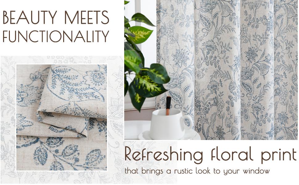 Curtains Farmhouse Blue Floral Print Curtains 63 Inches Long Back Tab Drapes for Living Room Bedroom Semi Sheer Patterned Vintage Curtains 2 Panels Set Rod Blue on Beige