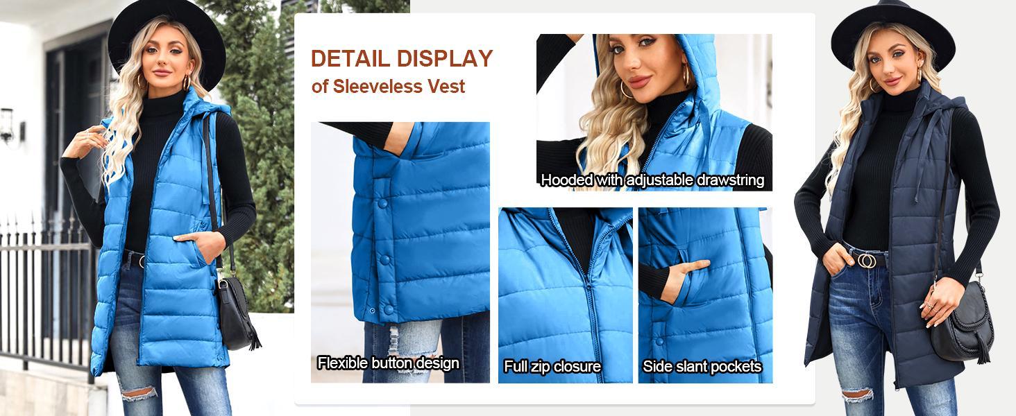 Imily Bela Women Long Vest Solid Color Sleeveless Hood Winter Puffer Vest Outwear