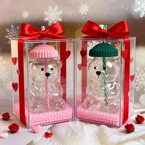 Adorable Teddy Bear Glass Straw Cup Seasonal Drinkware Coffee & Beverage Cup with Green & Pink Lids High Borosilicate Glass Tumbler for 2026 Holiday Collection Mug Shaped Tumblers Bottles ice  coffee  glass Funny Dad Tumbler