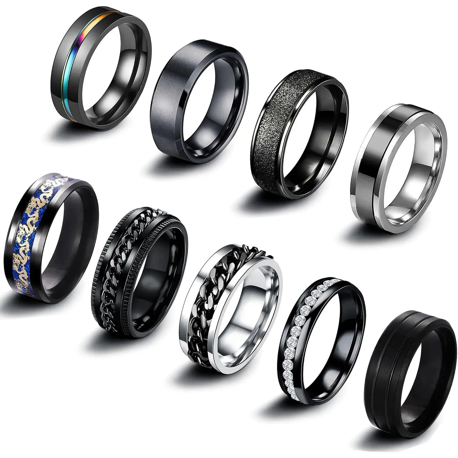 9 Pieces Stainless Steel Band Rings Set - Fidget Spinning Chain Rings for Men Women, Anxiety Relief, Cool Fashion, Simple Wedding Engagement Black Ring Set