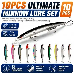 10PCS Professional Minnow Fishing Lures Set, 1/2 oz Sinking Jerkbaits Pack, 5.3" Deep Diving Hard Baits for Bass Pike Walleye, Saltwater & Freshwater Predator Kit