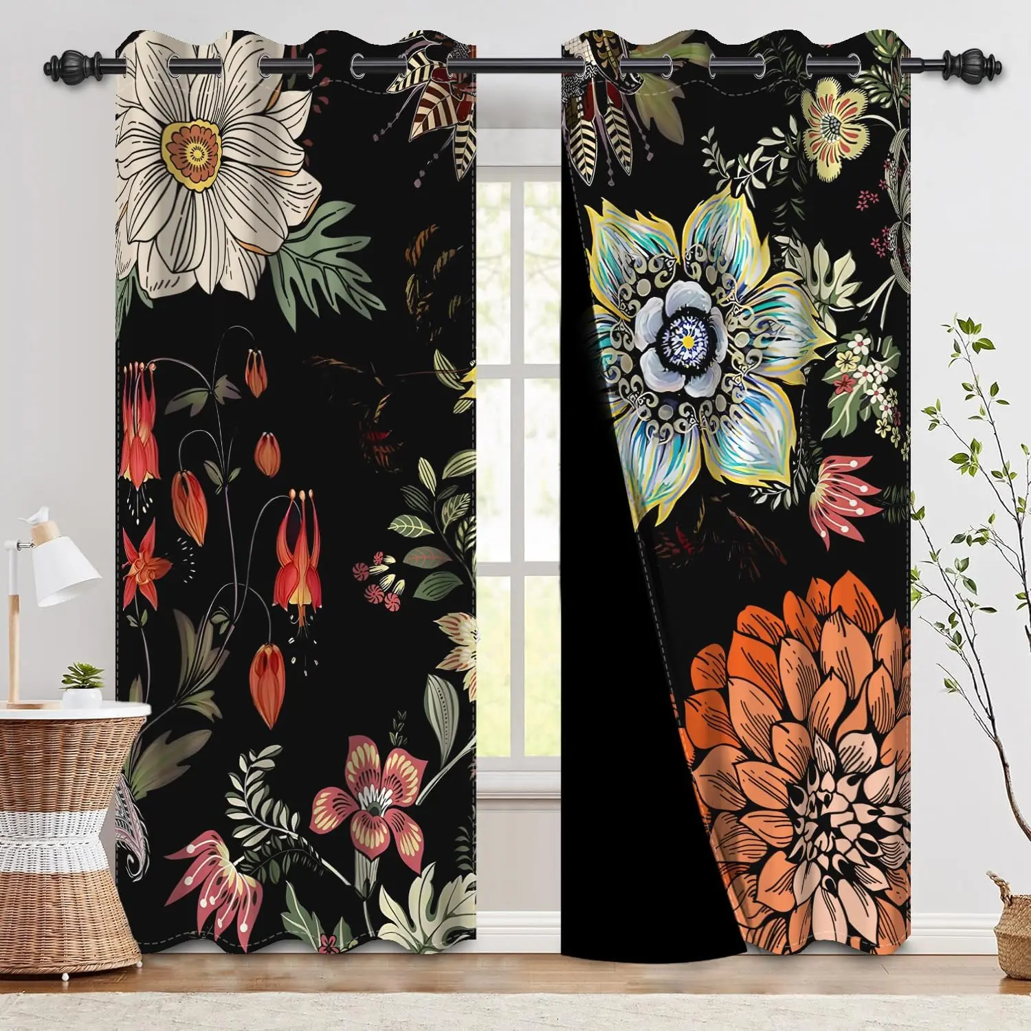 Black Floral Blackout Curtains for Bedroom 84 inch Length 2 Panels Set Boho  Room Darkening Curtains for Living Room  Thermal Insulated Curtains Grommet Window Drapes 52Wx84L