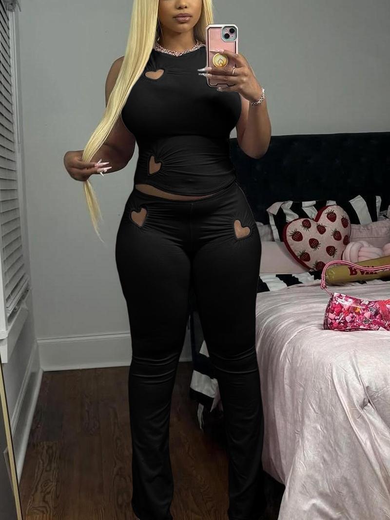 Two-piece Set, Casual Lounge Set Women's Heart Shaped Hollow Out Tank Top & Pants, Casual Cozy Breathable Slim Clothing Set for Daily Outdoor Wear, Ladies Clothes for Spring & Fall, Vacation Sets, Summer Outfits Set