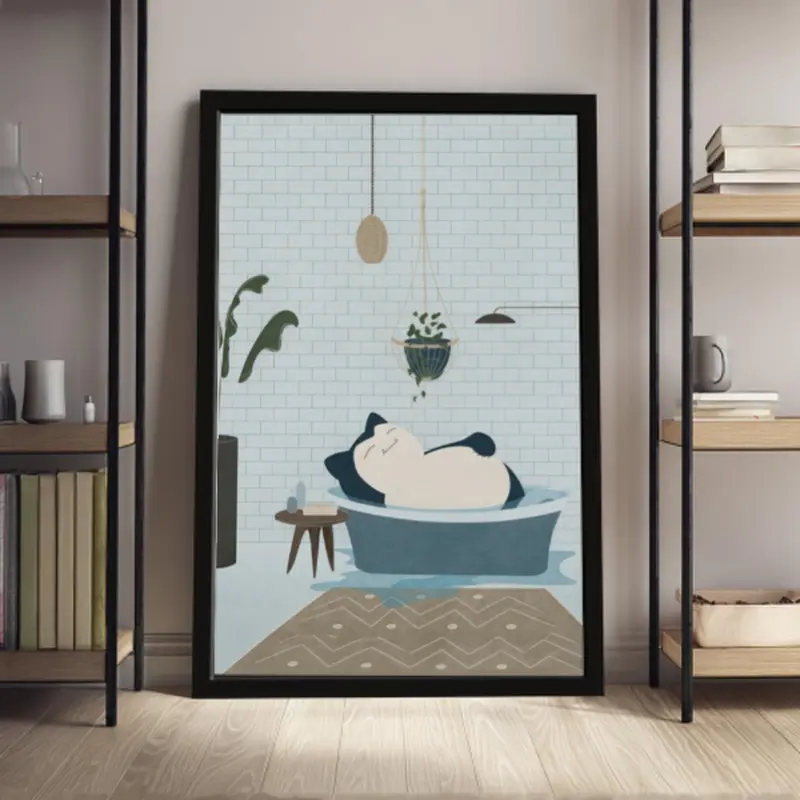 Snorlax Bathtub Anime Poster - Cute Kawaii Cartoon Wall Art Print, Home Decor for Bathroom, Above Bed Wall Decor, Room Decorations