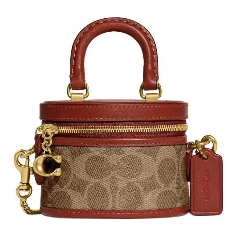 COACH Trail 12 Classic Monogram Zip Top Handle Bag for Women – Tan and Rust Leather-Canvas Hybrid Mini Crossbody
