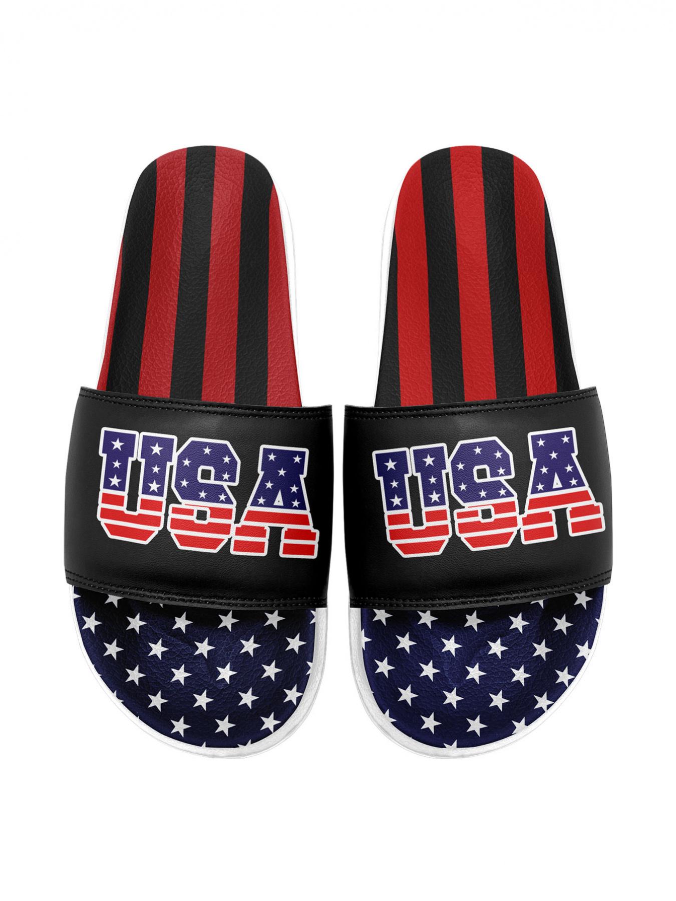 Men's Fashionable Random American Flag Print Slides, Casual Comfortable Durable Slides for Summer, Lightweight Breathable Slides for Beach & Streetwear, Footwear, Lightweight Slipper