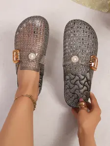 New Crystal Hollow Out Toe Slippers for Women, Sparkly Buckle, Breathable Anti-Slip Jelly Sandals, Outdoor and Indoor Wear