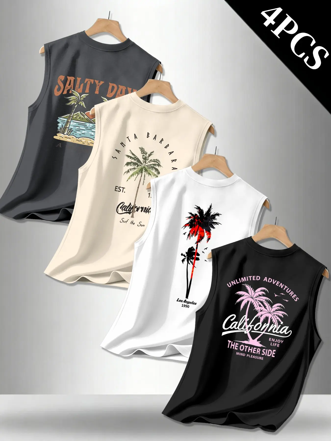 Summer Casual Men's Tank Top Set of 4, American Vintage Palm Print, Multiple Colors and Graphic Prints, Versatile and Trendy, Perfect for Vacation Style
