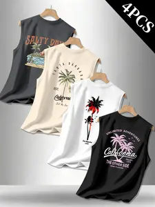 Summer Casual Men's Tank Top Set of 4, American Vintage Palm Print, Multiple Colors and Graphic Prints, Versatile and Trendy, Perfect for Vacation Style