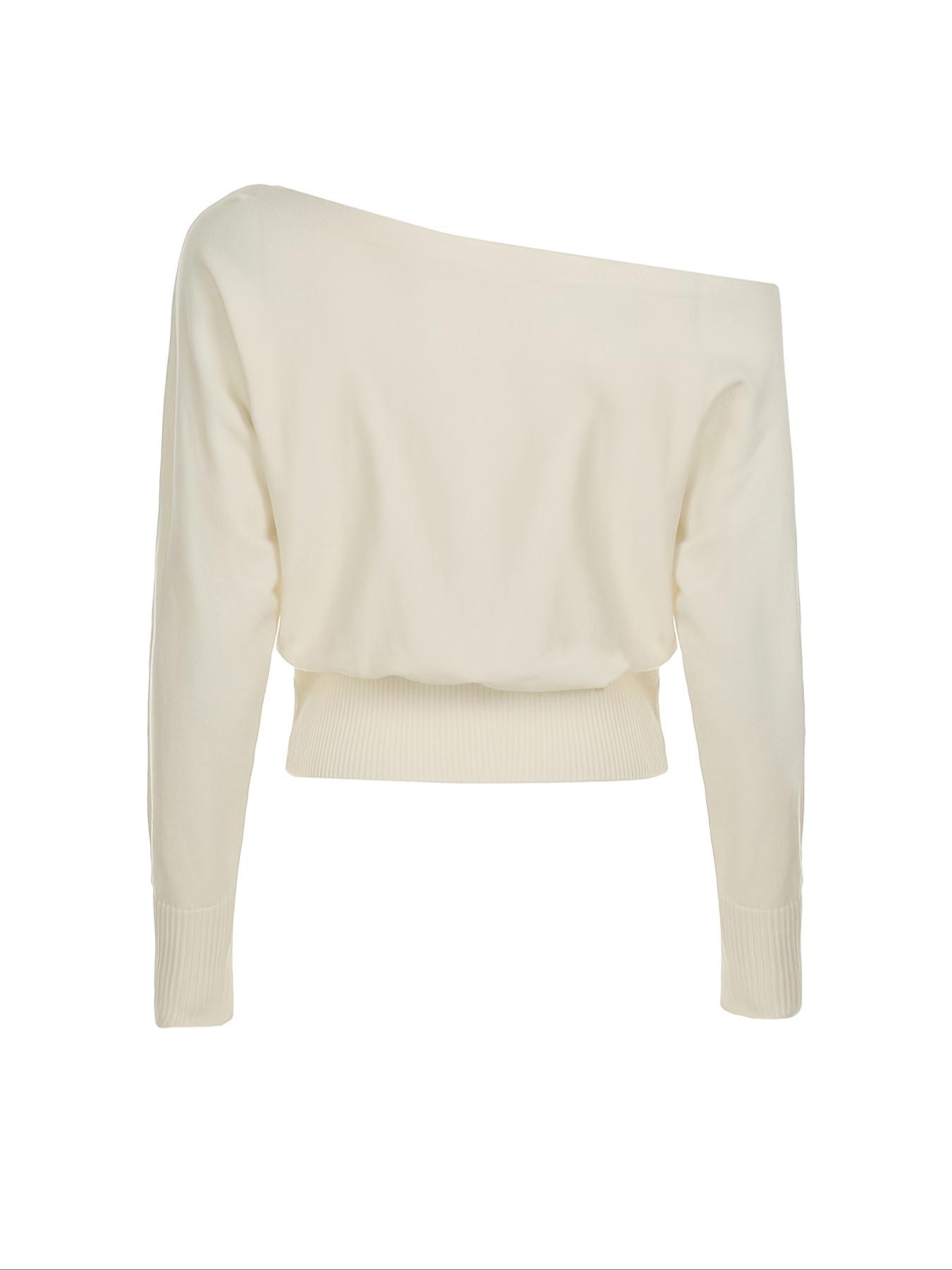 Women's Cream-Colored One-Shoulder Long-Sleeve Knit Top, Soft Elastic Ribbed Sweater, Casual Elegant Fashion Womenswear for Fall and Winter