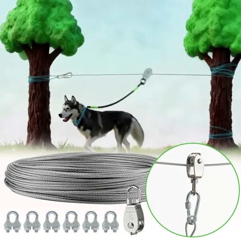 Dog Leash for Yard, 15-Meter Long Dog Rope, Pulley Traction Cable, Ideal for Parks and Outdoors, No Battery Required