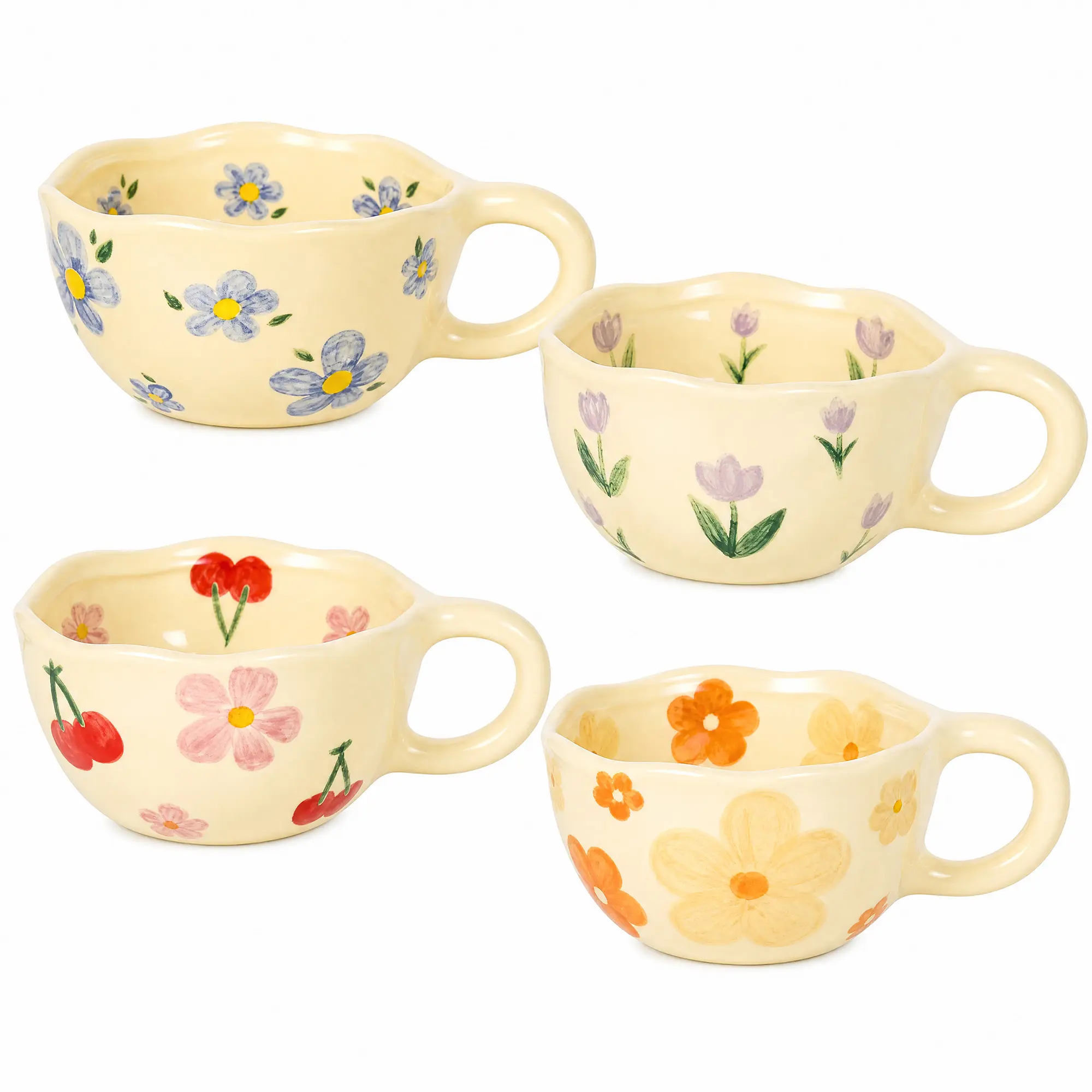 4 Pack Cute Hand Painted Floral Unique Coffee Mugs, 5.3×2.4in Wavy Rim Ceramic Cappuccino Cups in Blue, Orange, Pink, Purple Flower Patterns, Lovely Breakfast Tea Mugs for Home Cafe Gift
