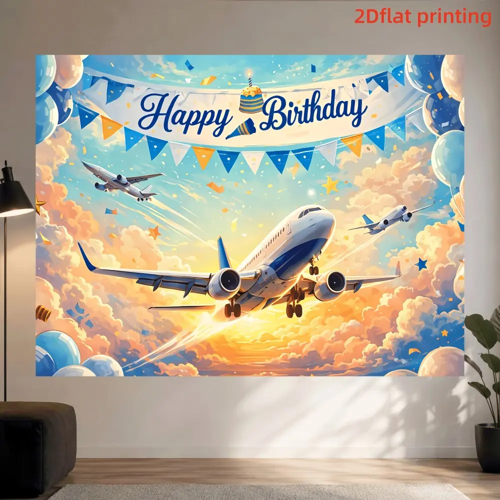 1PC 2D Flat Blue Sky White Cloud Airplane Children-Themed Happy Birthday Party Backdrop, Polyester Fiber, Suitable for Living Rooms, Bedrooms and Offices, Home Decor for Birthdays & Anniversaries, Indoor and Outdoor Party Photography