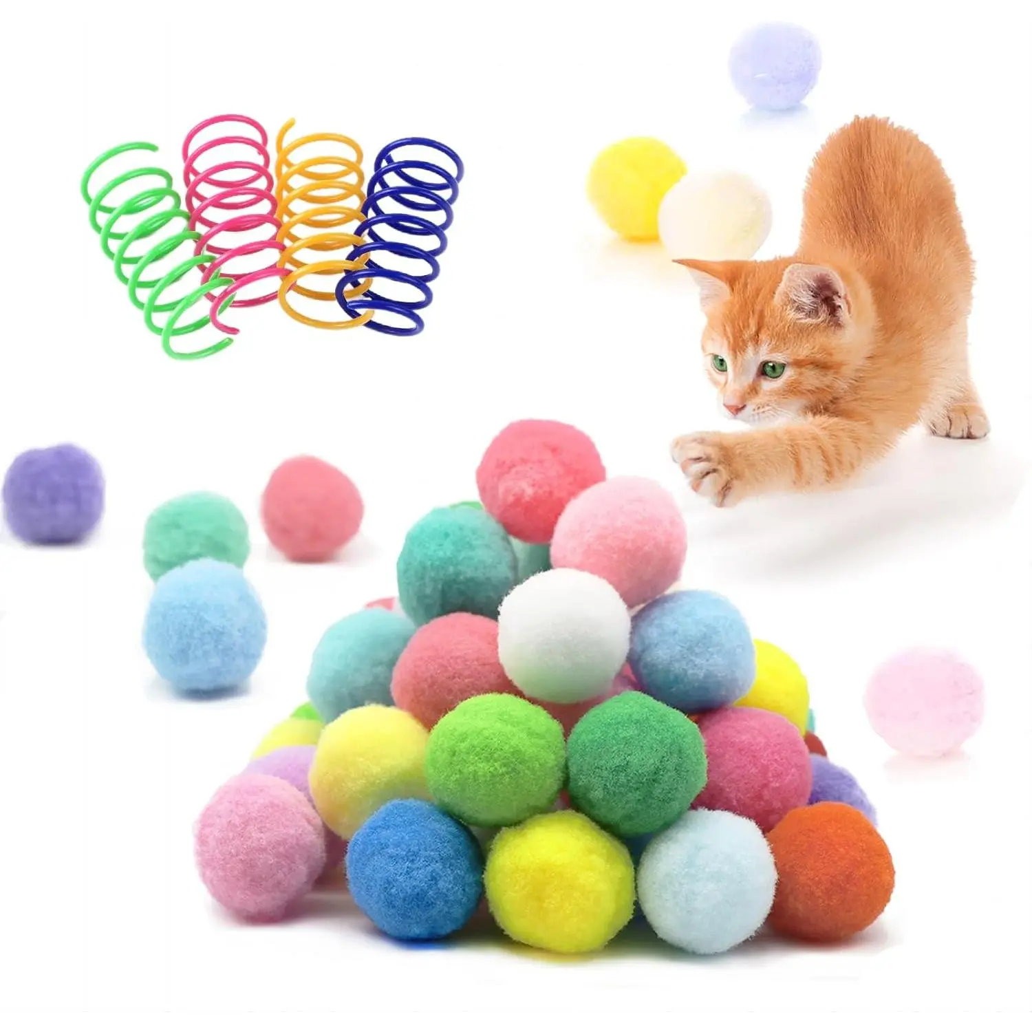 30 count  Silent  Pom Pom Balls, Interactive Lightweight  Colors Fuzzy  Balls (1.2 inches), with 4 count  Spring  for Indoor Kitten Playing Exercising