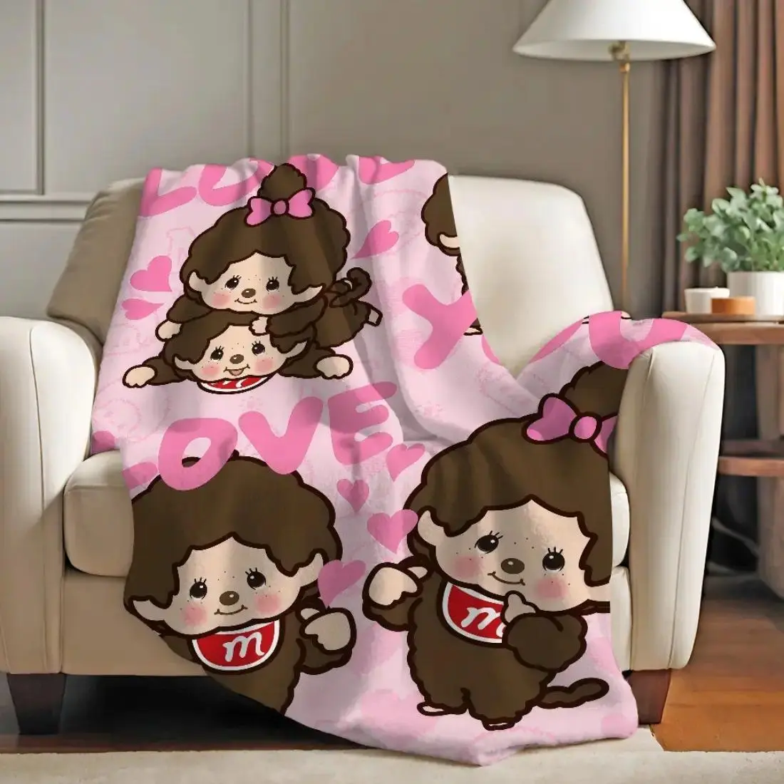 Aura M-monchhichi Cute Character Throw Blanket, Warm Soft Bedding Linen, Suitable for Bedroom, Travel, Office Use