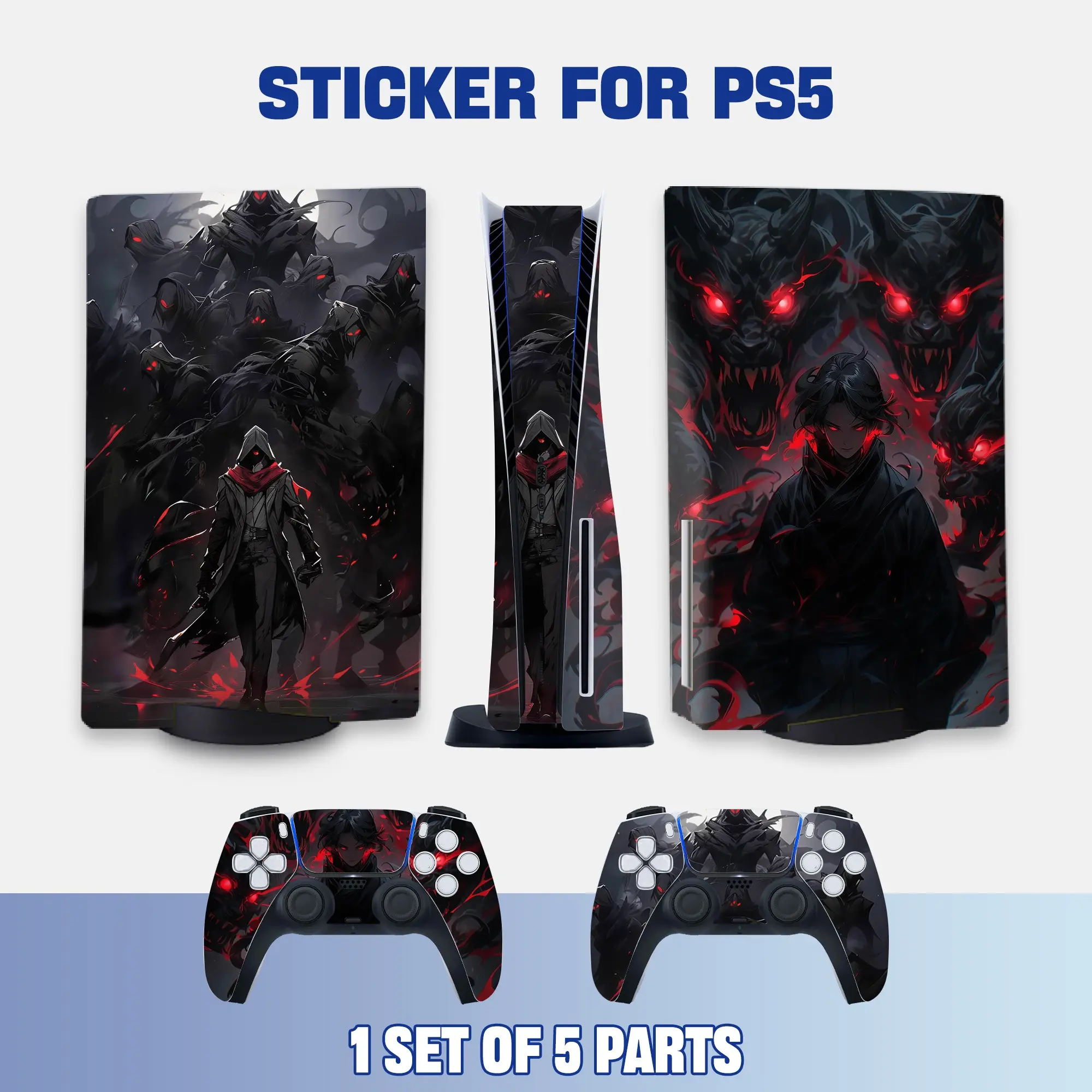 Dark Shadow Hunter with Red Flame Style PS5 Disc Edition Vinyl Skin Sticker for Console & Controllers, Waterproof, Scratch-Resistant, Dustproof, Removable & No Residue