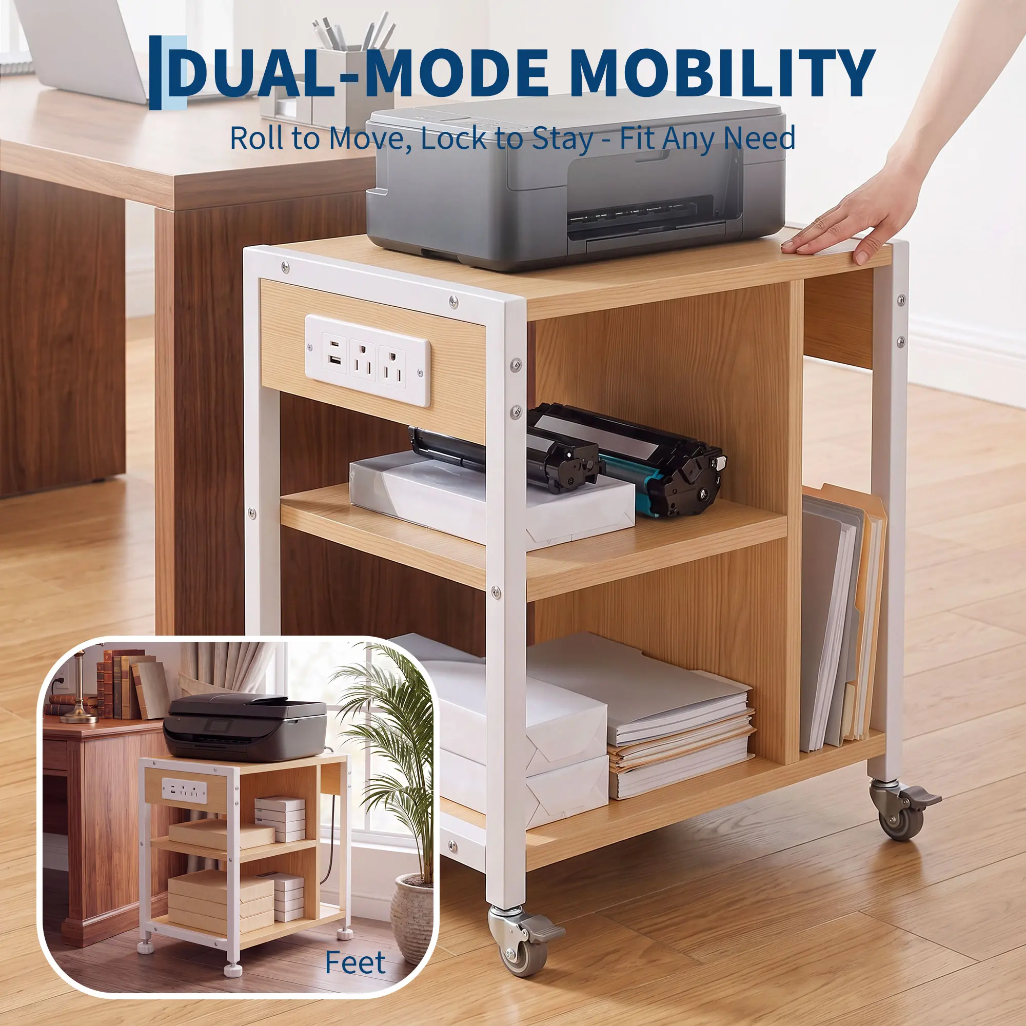 3 Tier Printer Stand with Storage, Under Desk Rolling Printer Cart,Under Desk Storage, Industrial wood, Metal Frame, Lockable Casters, Rolling Printer Cart with Wheels for Home Office