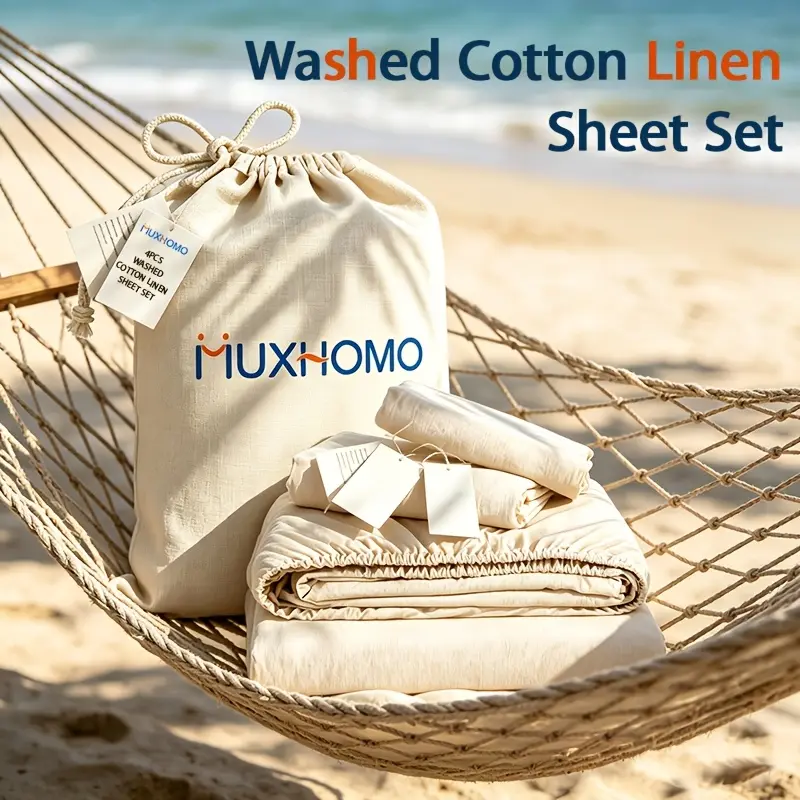 MUXHOMO 4pcs Linen- Blend Bed Sheets Set with 1/2 Pillowcases - Washed Cotton Linen - Soft Breathable Sheets for Bedding - Soft Durable Deep Pocket - Shrinkage Fade Resistant Easy Care Bed Sheets Set - Machine Washable - All-Season - Father'S Day Gift