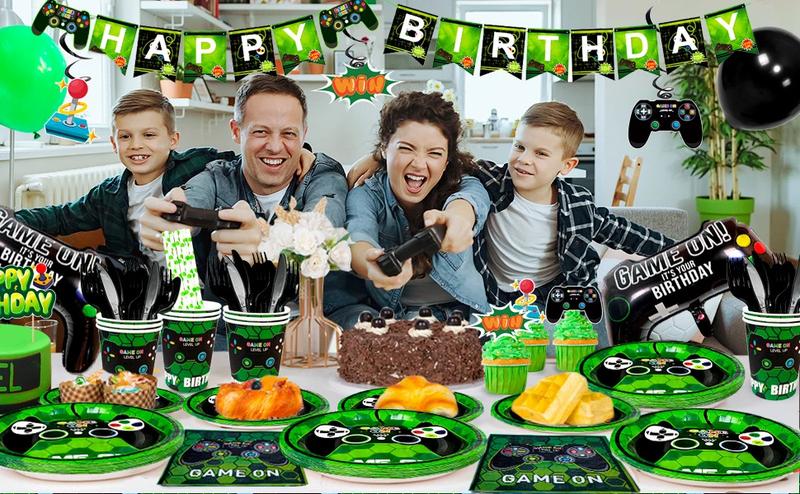 Video Game Birthday Party Decorations for Boys,194pcs Birthday Decorations&Tableware Set-Plates Cups Napkins Tablecloth Balloons