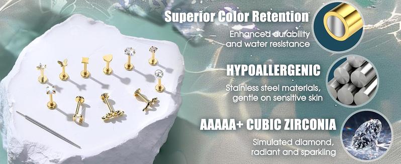 MILACOLATO 20G/16G Threadless Flat Back Earrings for Women 316L Surgical Steel Push in CZ Cartilage Stud Earrings Hypoallergenic Nose Rings Studs Conch Tragus Body Piercing Jewelry 6mm 7mm 8mm Length