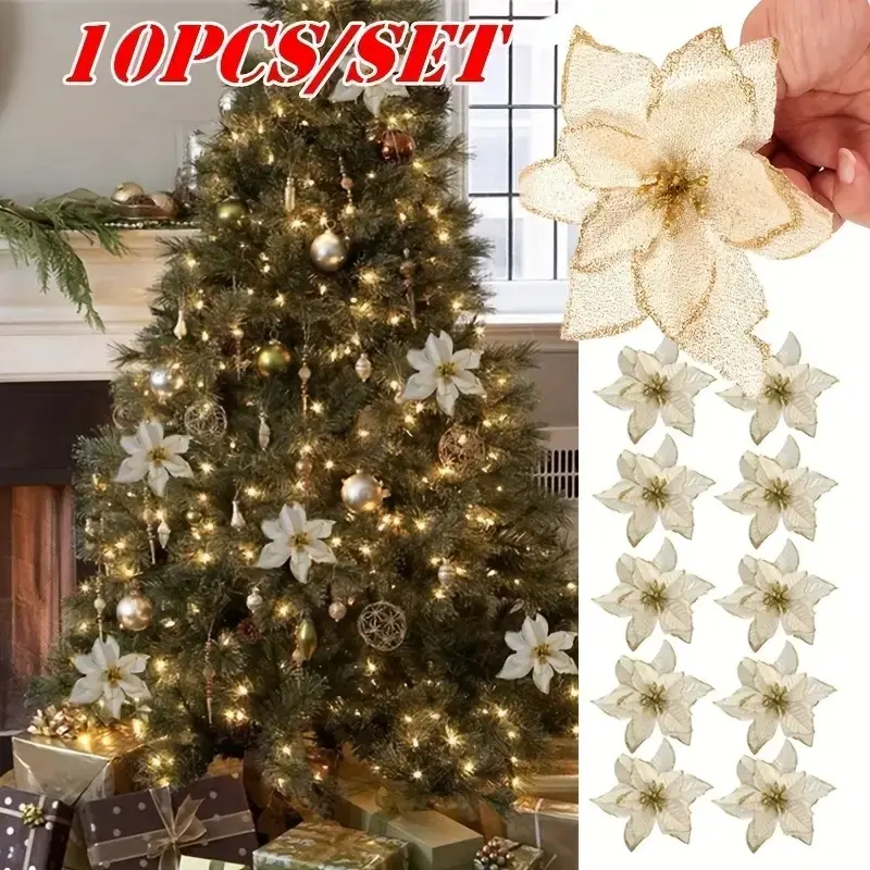 10 Pcs Christmas Tree Glitter Poinsettia Decorations, Elegant Gold and Artificial Flowers, Reusable Holiday Ornaments for DIY Crafts