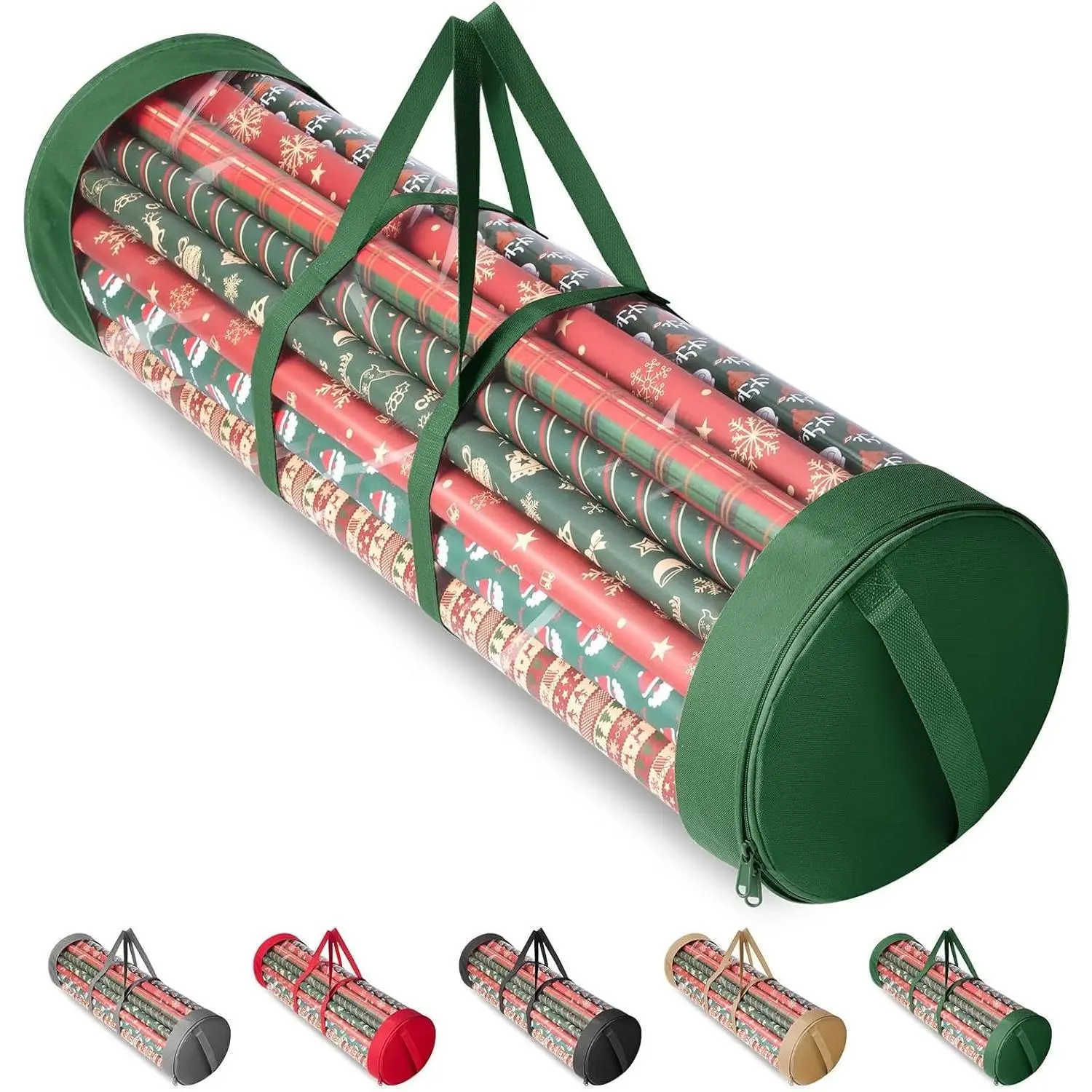 Christmas Wrapping Paper Organizer Storage, 41" Gift Wrapping Paper Storage Containers, Clear PVC with Durable 600D Oxford Fabric Gift Wrap Paper Holder Fits 18-25 Rolls, Green