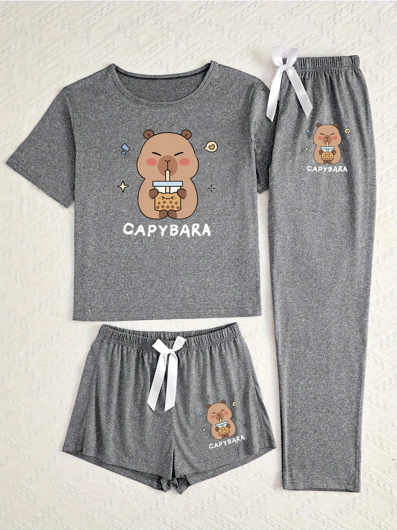 Women's Cute Cartoon Capybara Print Pajama Set, Nightwear, Short Sleeve T-Shirt + Shorts + Pants, 3-Piece Lounge Wear, Soft Knit, All Seasons