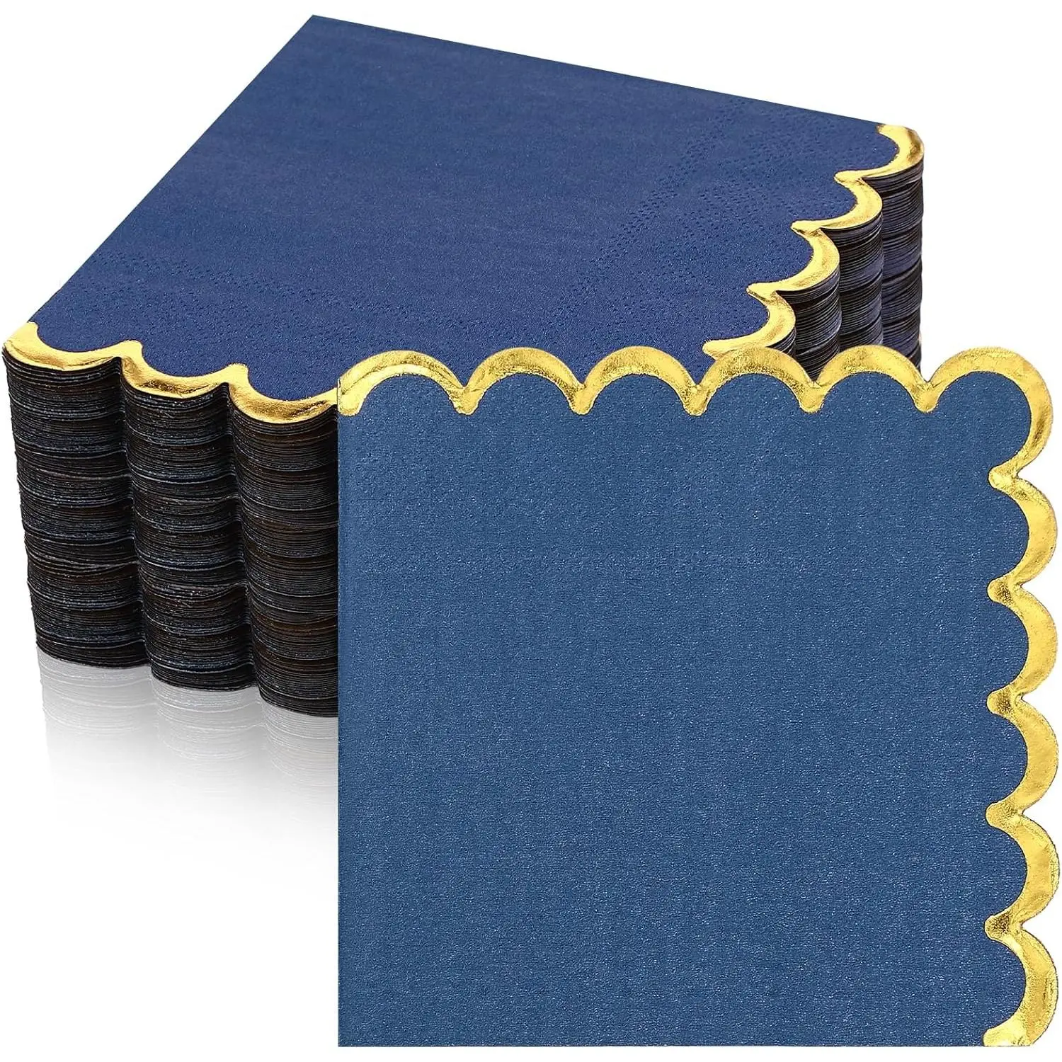 Disposable Scalloped Foil Napkins, 50-Count Thick Paper 5x5 Inch Navy Blue Beverage Napkins for Wedding, Anniversary, Christmas - Durable for Party, Bathroom Engagement Use