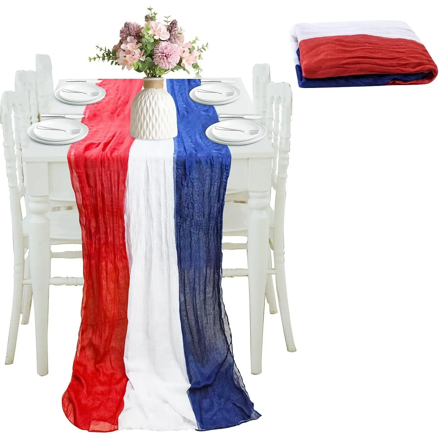 4th of July Cheesecloth Table Runner Vintage Red White and Blue Table Runner for 250 Anniversary USA Patriotic Memorial Day Labor Day Independence Day Veterans Party Decoration for Kitchen Dining Room