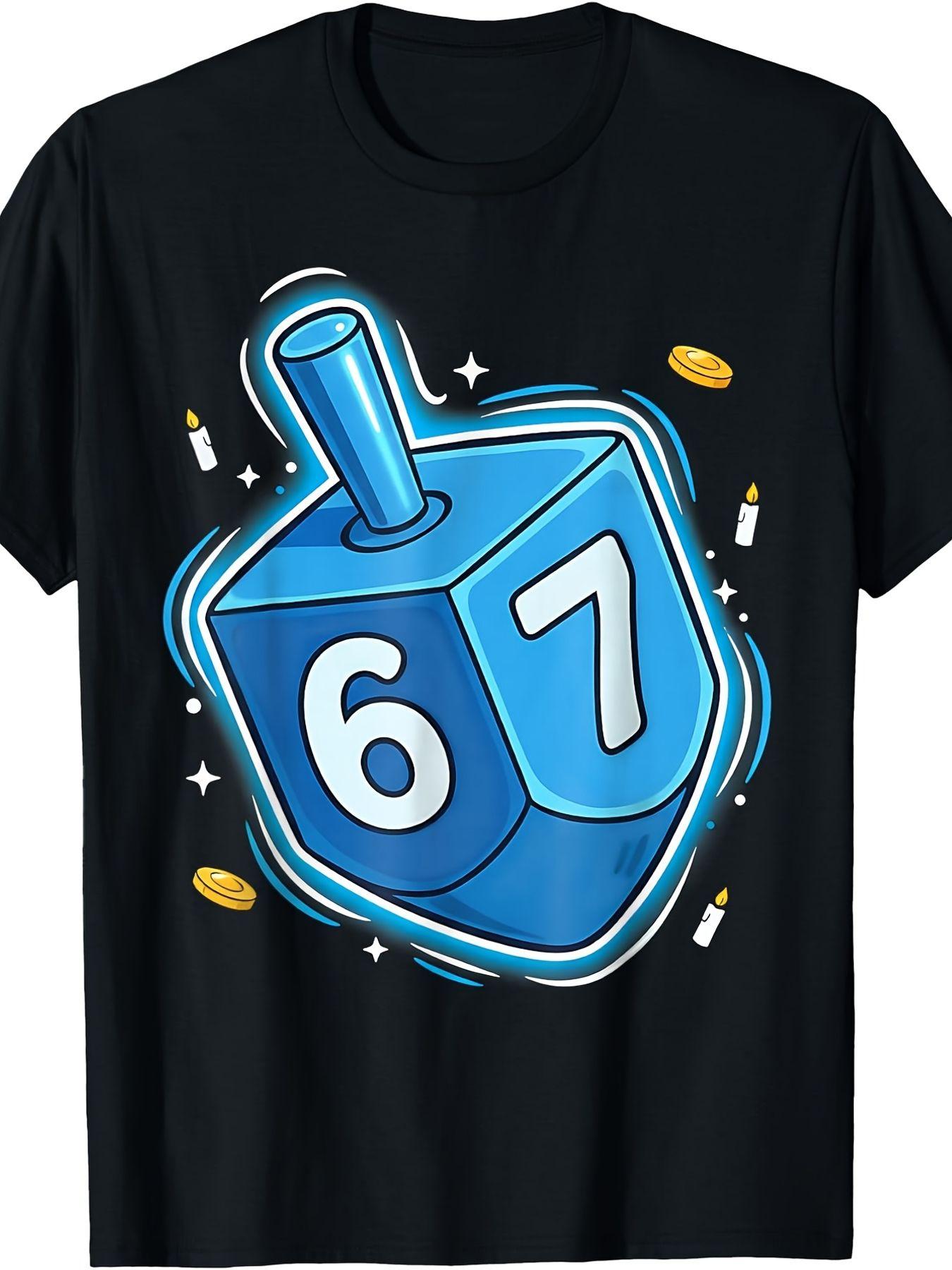 Festive Black Hanukkah T-Shirt for Kids - Cute Blue Cartoon Dreidel Design with White Numbers, Surrounded by Menorah Candles, Golden Coins, and Sparkling Stars - Perfect Holiday Gift for Fun and Celebration (3-13Y)