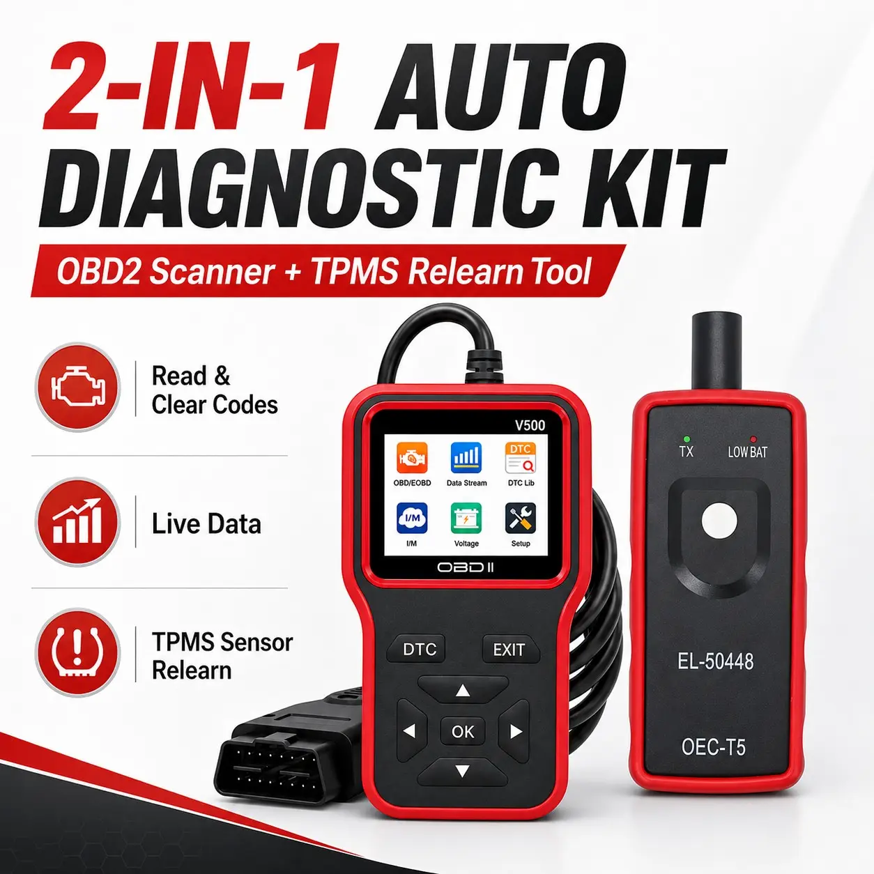 2-In-1 Automotive Diagnostic Kit, V500 Obd2 Scanner, El-50448 Tpms Relearn Tool, Read Clear Engine Codes, Live Data, Dtc Lookup, Battery Voltage