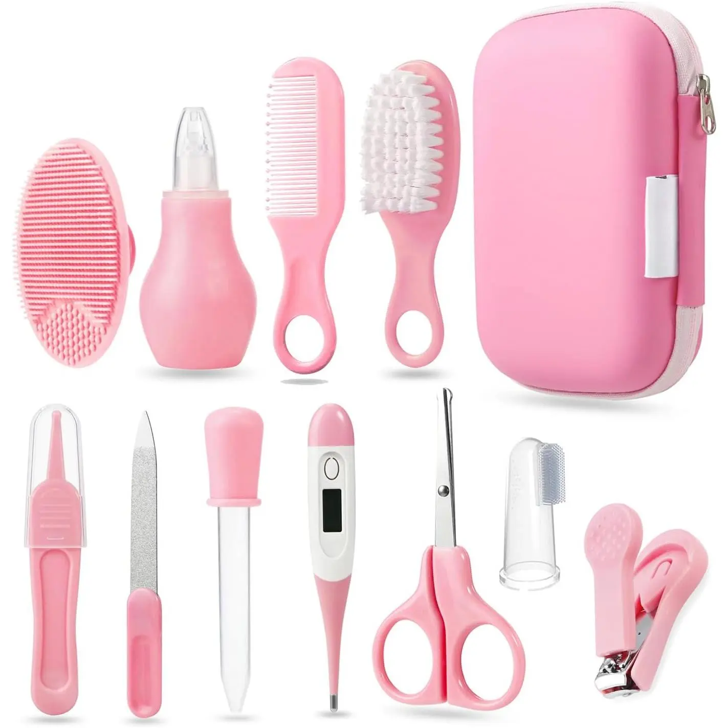 Baby Healthcare and Grooming Kit, 12-in-1 Pink, Baby Comb, Brush, Finger Toothbrush, Nail Clippers, Scissors, Nasal Aspirator, Plastic, Pink