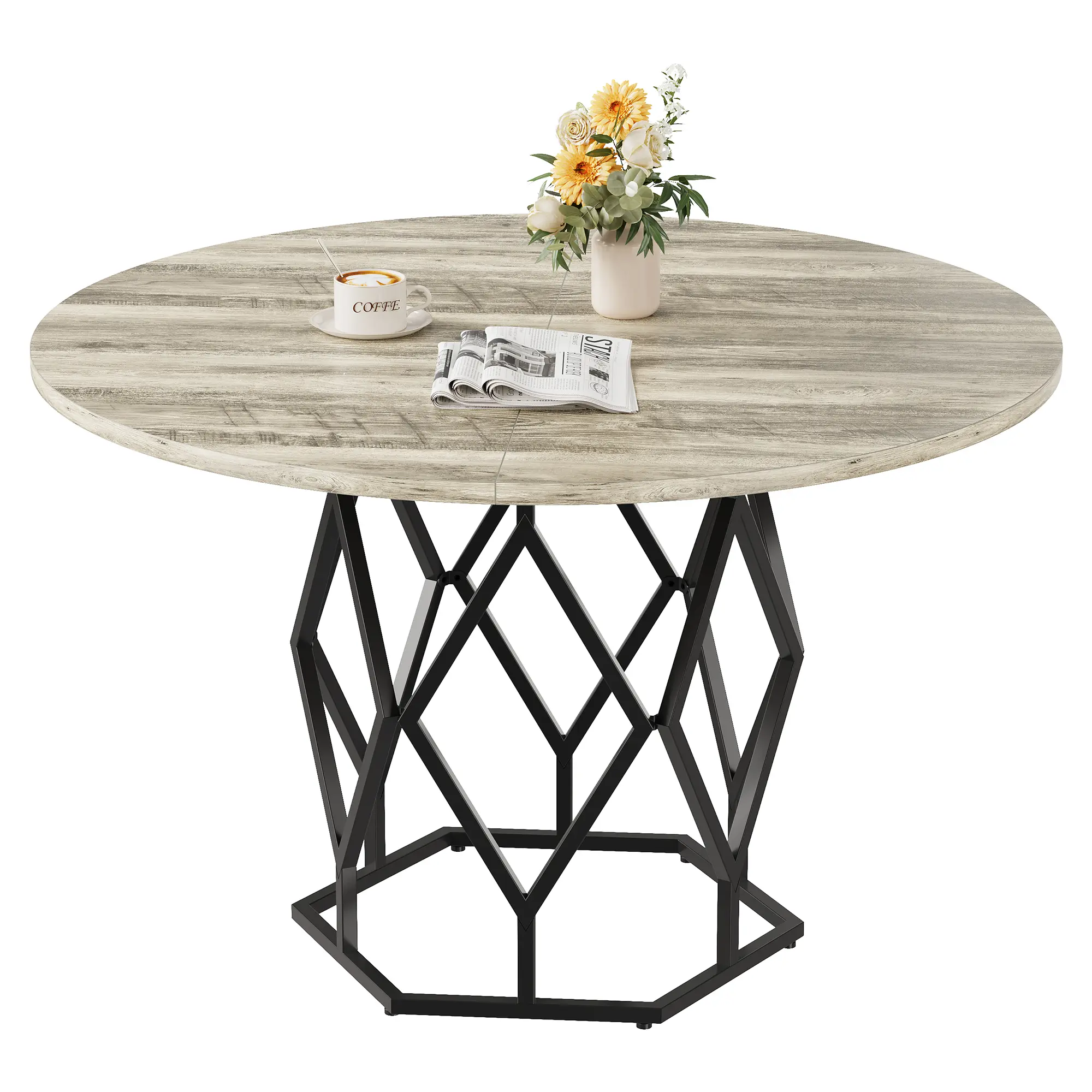 Modern Farmhouse Round Dining Table - 47 Inch Table for 4-6 - Rustic Wood Top & Sturdy Black Metal Pedestal - Ideal for Home, Restaurant, or Small Apartment