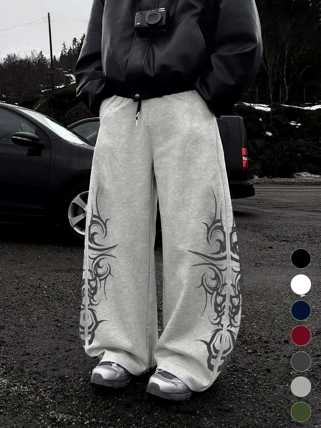 Y2K Skull Totem Wide Leg Sweatpants, Seven Colors, Graphic Print, High Waist, Drawstring, Loose Fit, Casual Streetwear Long Pants