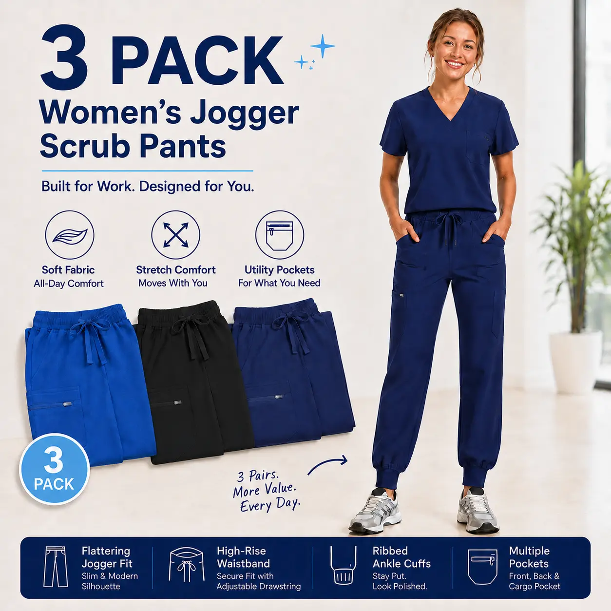 Women's 3-Pack Lightweight Ribbed Polyester Scrub Pants - High Waist Soft Stretchy Cargo Jogger Workwear, Adjustable Drawstring Waist, Multiple Pockets, Slip-Resistant, Breathable, Slim Fit, Minimalist, for Hospital, Thanksgiving, Easter, Valentines Day