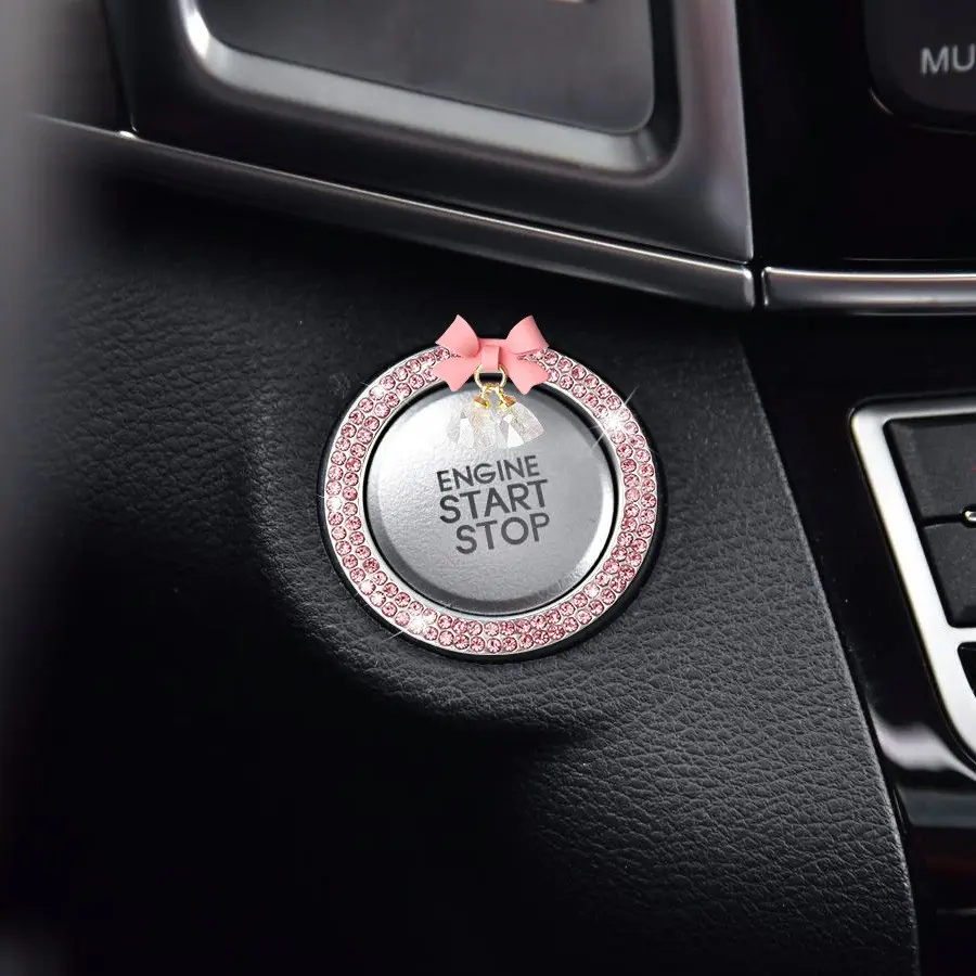Car One-Button Start Decorative Sticker, Button Rhinestone Bow Crystal Bell Pendant Ignition Ring, Car Interior Decoration Accessory, Car Accessories Cute