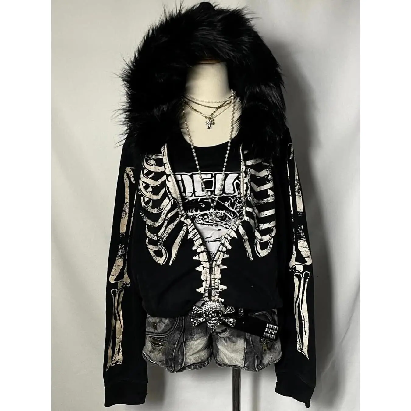Fur Collar Hooded Jacket Fleece Punk Autumn Winter Hoodie American Retro Spicy Girl Subculture Skeleton Sweatshirt Sudadera